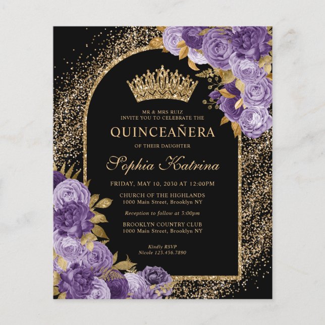 Budget Black Lila Violet Guld Blommigt Quinceanera (Framsida)