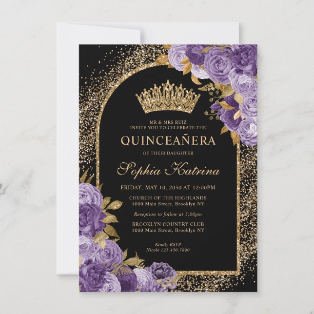Budget Black Lila Violet Guld Blommigt Quinceanera Anteckningskort (Framsida)