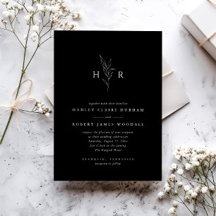 Budget Black Minimal Monogram Botanical Bröllop Inbjudningar