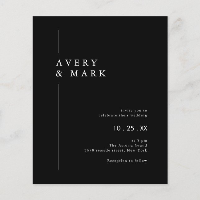 Budget Black Modern Minimalist Wedding Bröllopbjud (Framsida)