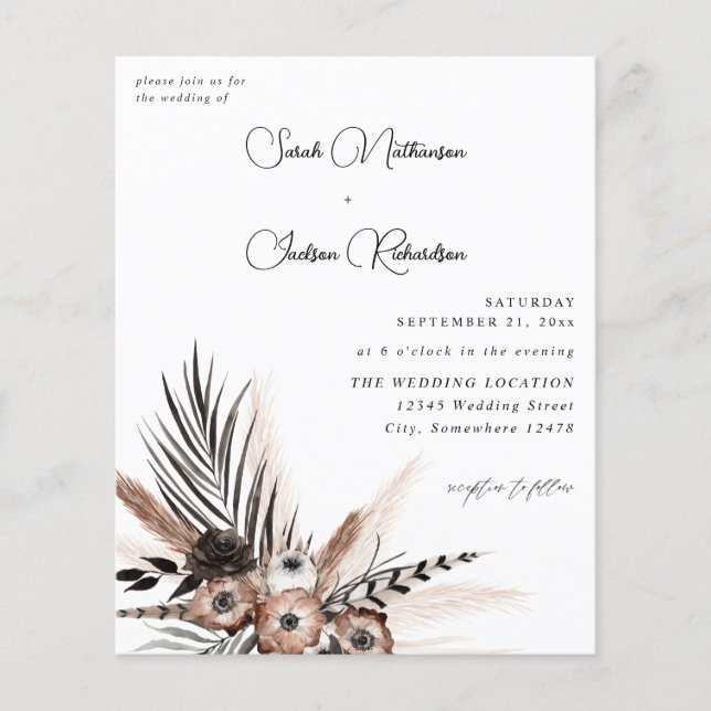 Budget Black & Natural Blommigt Boho Bröllop Flygblad (Framsidan)