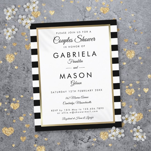 Budget Black Rand Guld Par Shower-inbjudan (Budget Black Stripe Gold Couples Shower Invitation)