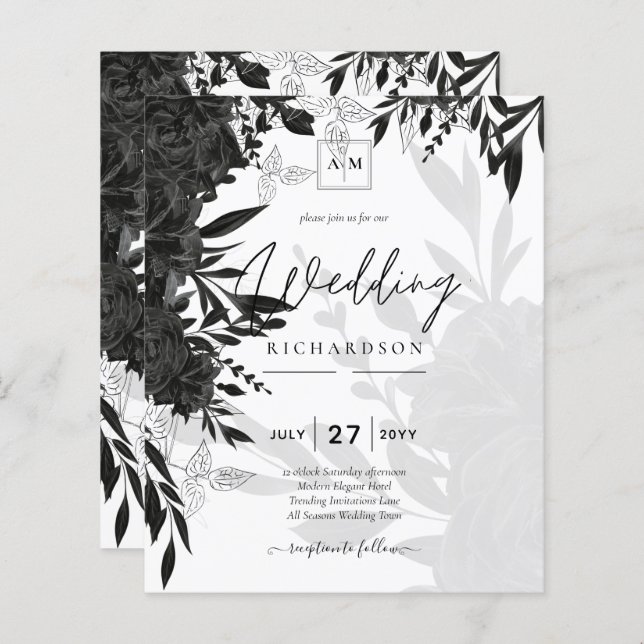 BUDGET Black Ro Elegant White Wedding bjudande in (Fram/baksida)