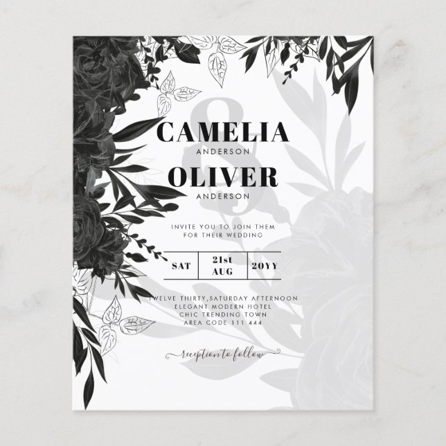BUDGET Black Ro Elegant White Wedding bjudande in Flygblad (Framsidan)