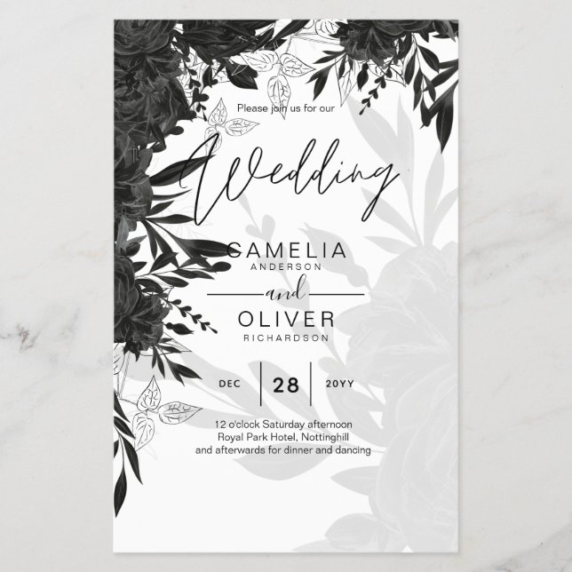 BUDGET Black Ro Elegant White Wedding bjudande in Flygblad (Framsidan)