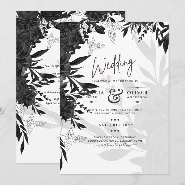 BUDGET Black Ro Elegant White Wedding bjudande in Inbjudningar (Fram/baksida)