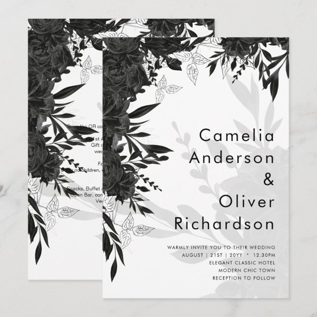 BUDGET Black Ro Elegant White Wedding bjudande in Inbjudningar (Fram/baksida)