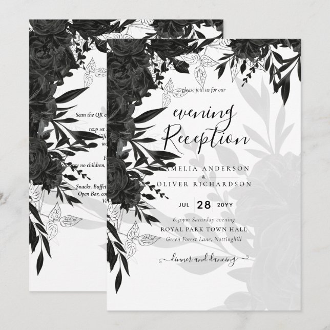 BUDGET Black Ro Elegant White Wedding bjudande in Inbjudningar (Fram/baksida)