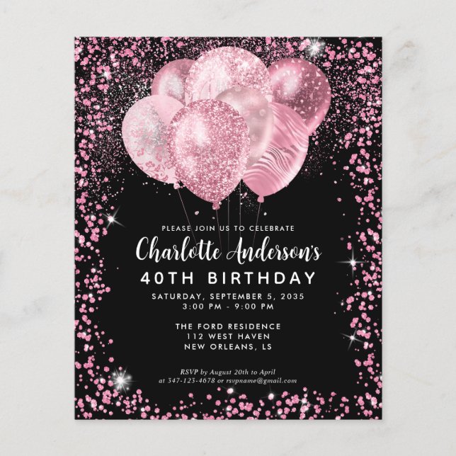 Budget Black  Rosa Glitter Ballon Birthday Flygblad (Framsidan)