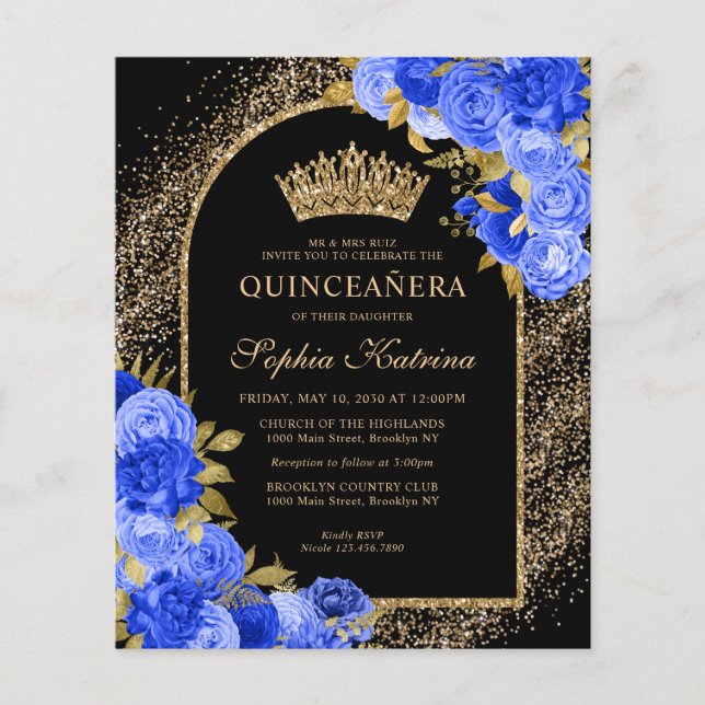 Budget Black Royal Blue Guld Blommigt Quinceanera (Framsida)
