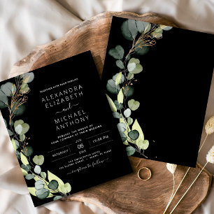 Budget Black Rustic Greenery Eucalyptus Bröllop Flygblad
