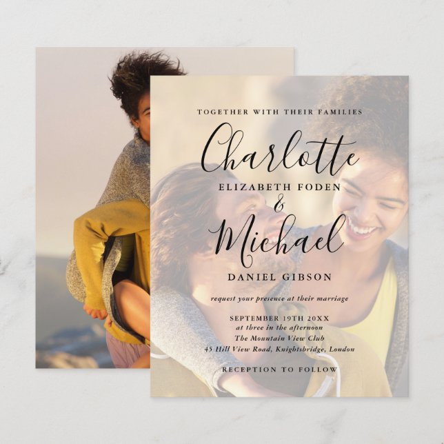 Budget Black Script 2 Photos Wedding-inbjudan (Fram/baksida)