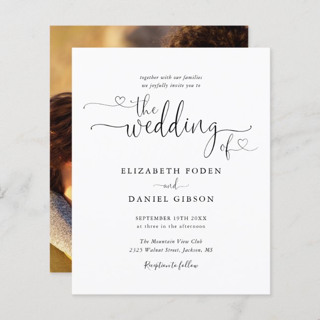 Budget Black Script Photo Wedding-inbjudan (Fram/baksida)