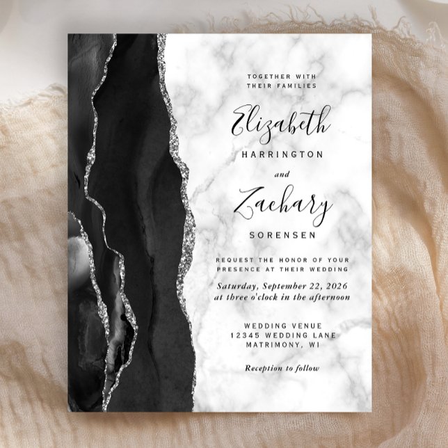 Budget Black Silver Agate Marble bröllopsinbjudan (Skapare uppladdad)