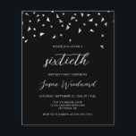 Budget Black Silver Script 60:e födelsedagen Inbju<br><div class="desc">Den här moderna designen har faux silver foil triangular konetti mot en svart bakgrund. Ord "sextionde" visas i elegant light grått-skriptet. Anpassa inbjudan till gästen för hederets namn i skript,  tillsammans med datum,  plats och andra detaljer i sans serif-teckensnitt. Texten kan anpassas för valfritt år.</div>