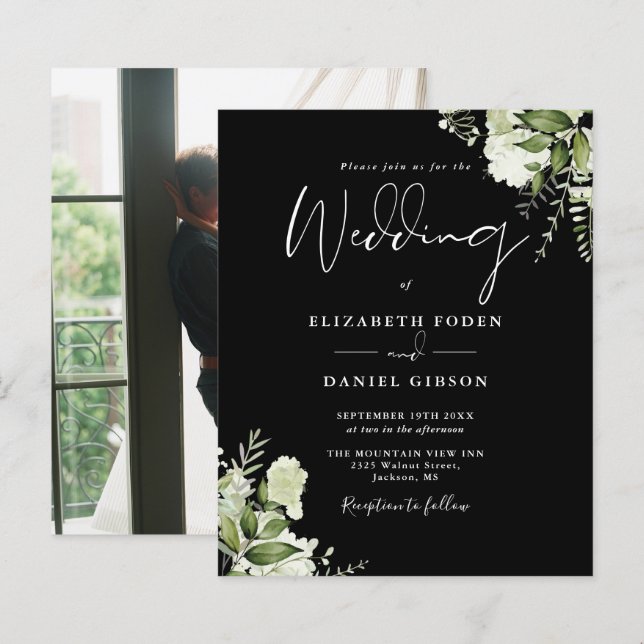 Budget Black White Blommigt Photo Wedding-inbjudan (Fram/baksida)