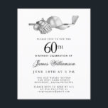 Budget Black White Golf 60:e födelsedagsinbjudan<br><div class="desc">Elegantens svartvitt födelsedag för en golfer. Inbjudan är skriven med golftillbehör - en golfklubb, golf boll, hatt och handskar. Vattenfärgsdesignen skapar en traditionell och klassisk estetik. Perfekt för en födelsedagskalas vid klubben eller en bakgård BBQ. All text är lätt att redigera. Skapa inbjudan till perfekt på födelsedagen, med det koordinerande...</div>