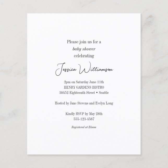 Budget Black White Minimalist Baby Shower Inbjudan (Framsida)