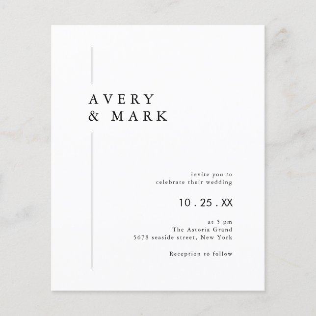 BUDGET Black White-minimalistisk bröllopsinbjudan Flygblad (Framsidan)