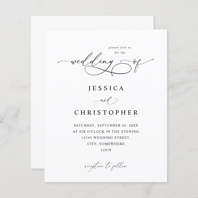 Budget Black & White Modern Calligraphy 3 Bröllop (Fram/baksida)