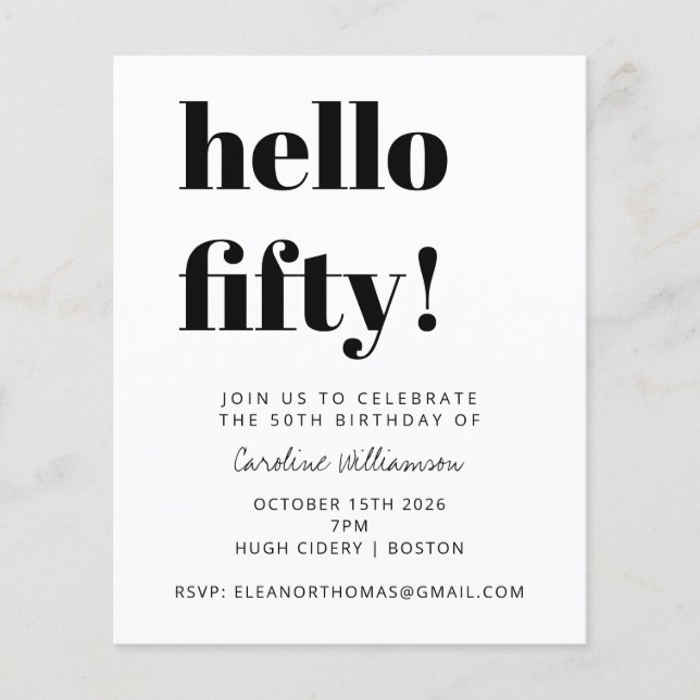 Budget Black White Modern Födelsedagsfest Inbjudan (Framsida)