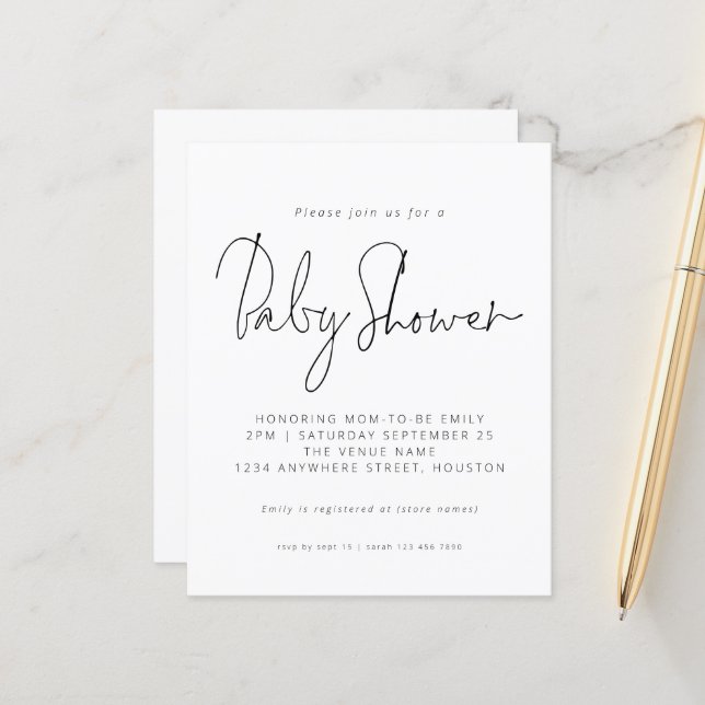 Budget Black White Script Baby Shower-inbjudan (Fram/Back In Situ)