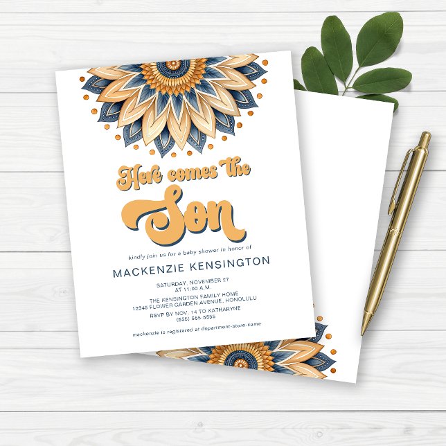 Budget Blått Guld Här Kommer Sonen Baby Shower (BUDGET Here Comes the Son Baby Shower Invitations)