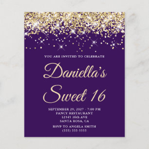 Budget Blek Guld Glitter Lila Sweet 16 Inbjudan