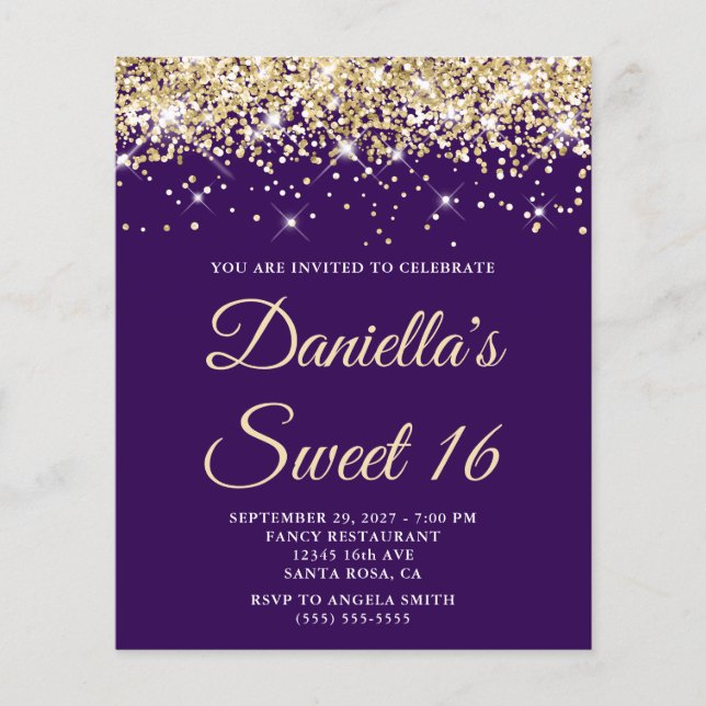 Budget Blekgul Glitter Lila Sweet 16 Inbjudan (Framsida)