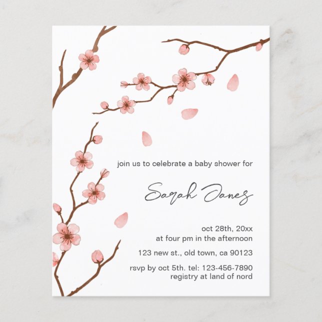Budget Blommande Körsbärsblom Baby Shower Inbjudan (Framsida)
