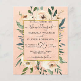 Budget Blommig Beige Guld Rosa Bröllopsinbjudan Flygblad