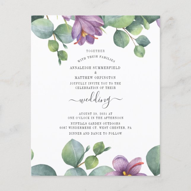 Budget Blommig Eucalyptus Bröllopsinbjudan (Framsida)