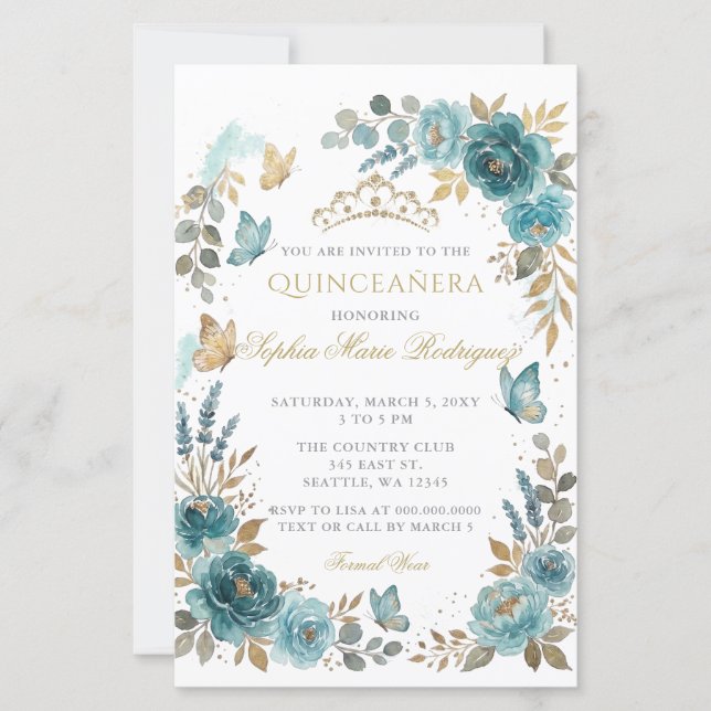 Budget Blommig Fjäril Teal Guld Quinceañera (Framsida)