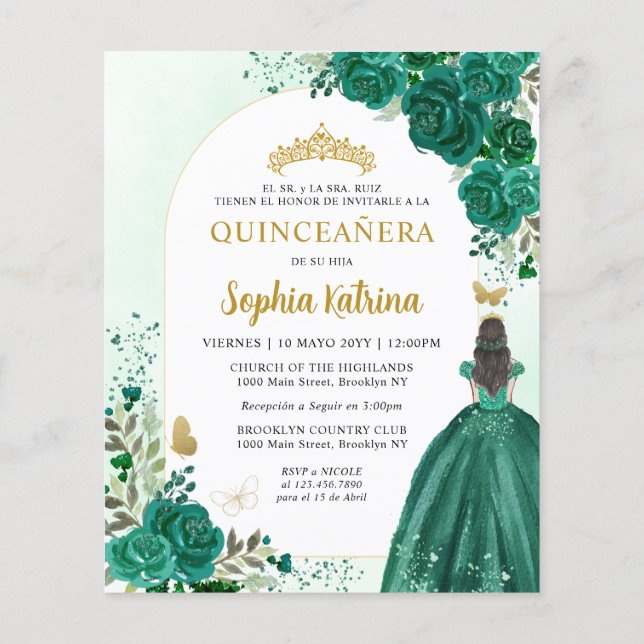 Budget Blommig Grön BILINGUAL Spansk Quinceanera (Baksida)