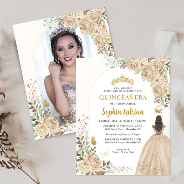 Budget Blommig Guld Prinsessa Foto Quinceañera (Skapare uppladdad)