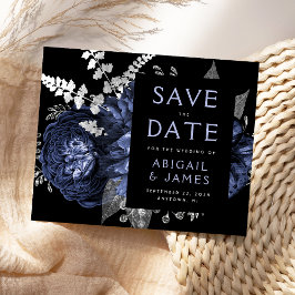 Budget Blommig Marinblå Silver Save the Date