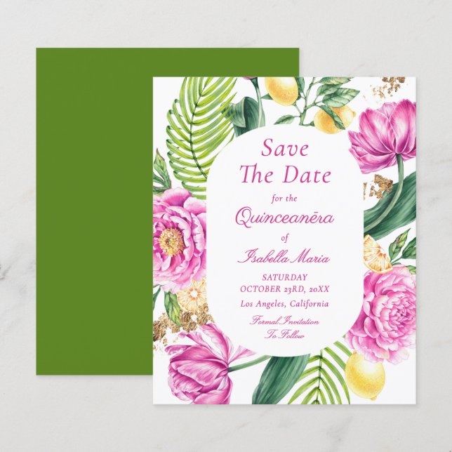 Budget Blommig Quinceañera Spara Datum (Fram/baksida)