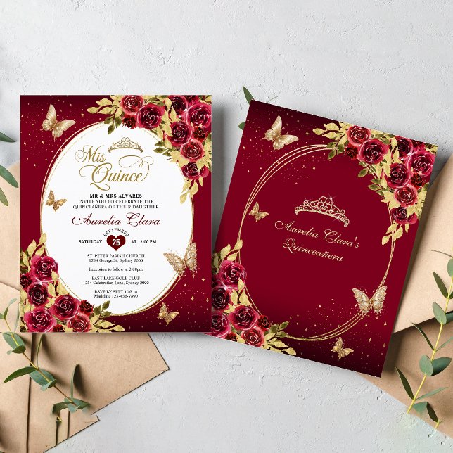 BUDGET Blommig röd guld tiara fjäril Quinceañera (Skapare uppladdad)