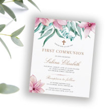 Budget blommig rosa första kommunion invitación bl
