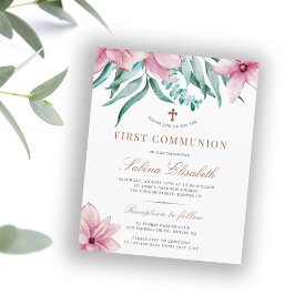 Budget blommig rosa första kommunion invitación bl