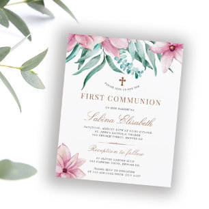 Budget blommig rosa första kommunion invitación bl