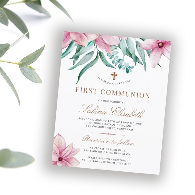 Budget blommig rosa första kommunion invitación bl (Skapare uppladdad)
