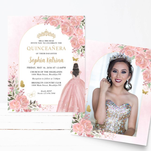 Budget Blommig Rosa Guld Foto Quinceañera (Skapare uppladdad)