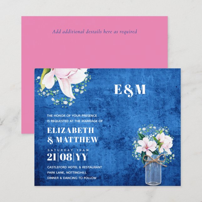 BUDGET Blommig Rosa Magnolior Grön Bröllopsinbjuda (Fram/baksida)