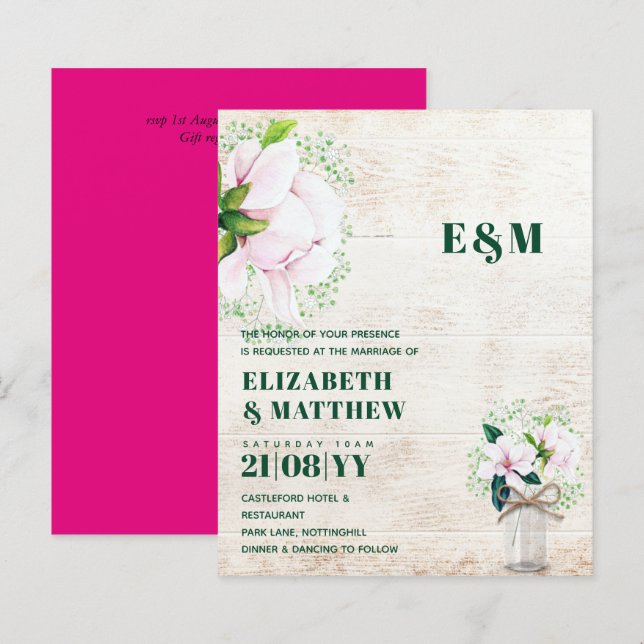 BUDGET Blommig Rosa Magnolior Grön Bröllopsinbjuda (Fram/baksida)