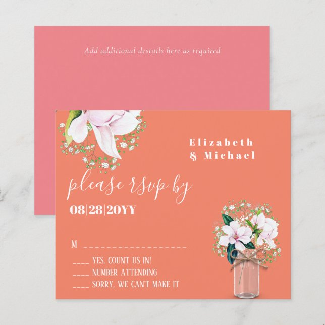 BUDGET Blommig Rosa Magnolior Korall Bröllop RSVP (Fram/baksida)
