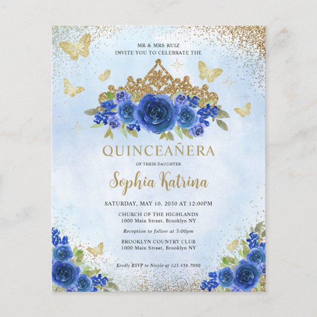 Budget Blommig Royal Blå Guld Tiara Quinceañera (Framsida)