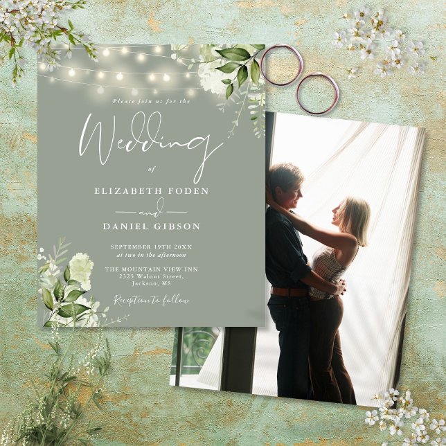 Budget Blommig Sagegrön Foto Bröllopsinbjudan (Budget Floral Sage Green Photo Wedding Invite)