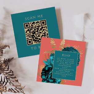 Budget Blommig Teal Korallguld QR-kod RSVP Tilläggskort