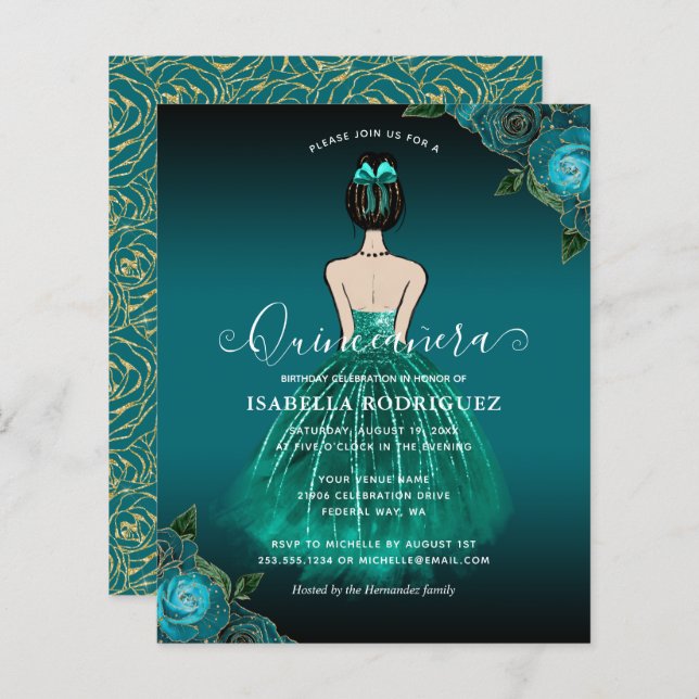 Budget Blommig Teal Prinsessa Guld Quinceañera (Fram/baksida)